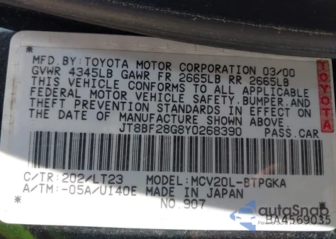 2000 Lexus Es 300 z USA, uszkodzony, nr VIN JT8BF28G8Y0268390